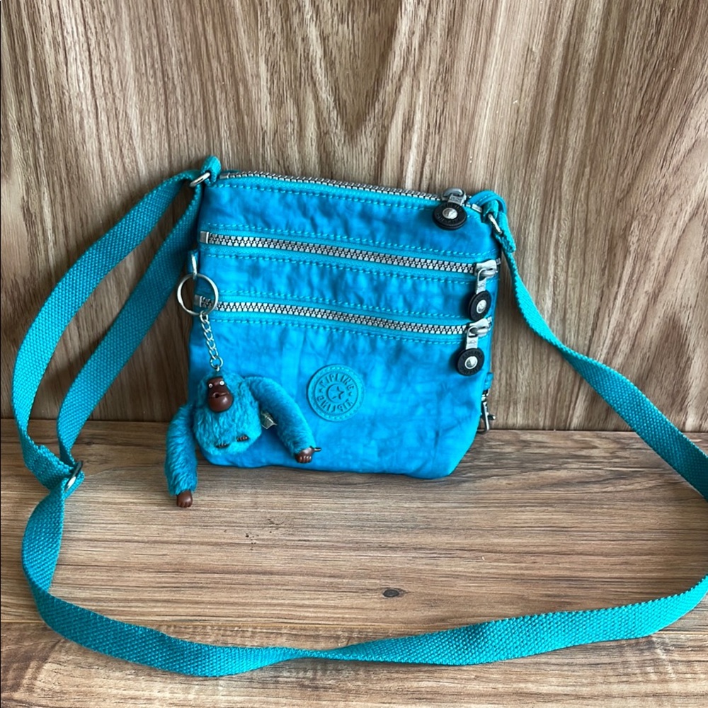 Pre-owned Kipling Crossbody 3 Pocket Mini Purse Bag Monkey Charm Turquoise